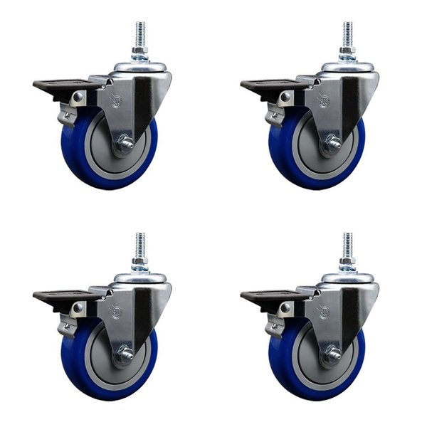 Service Caster 4 Inch Blue Polyurethane 38 Inch Threaded Stem Caster Set with Brake SCC-TS20S414-PPUB-BLUE-PLB-381615-4